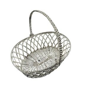FTD Metal Woven Basket 7.5in Silver Oval Lattice Twisted Handle Vintage Style